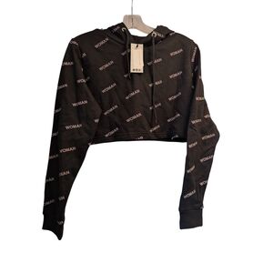 Boohoo Black Cropped Hoodie with Text Design - 6